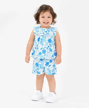 Bonfino 100% Viscose Woven Sleeveless Top & Shorts Set Floral Print - Blue