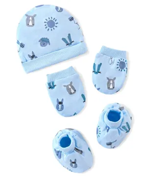 Bonfino  Cotton Knit Cap Mittens & Booties Set Rino Print  Blue- Diameter 10 cm