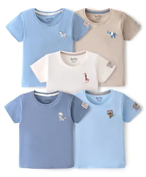 بونفينو قمصان قطنية بأكمام نصفية برسومات الحيوانات - حزمة من 5 قطع بالألوان الأزرق والبيج والأبيض
