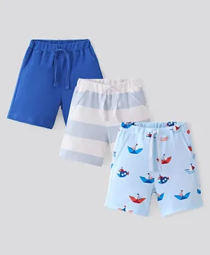Bonfino 100% Cotton Knit Shorts Striped & Boat Print Pack Of 3 - Blue & White