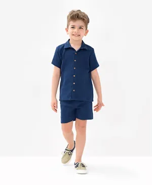Bonfino Solid Double Gauze Cotton Shirt & Shorts Co-ord Set - Blue