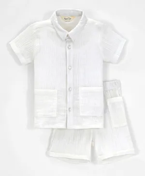 Bonfino 100% Cotton Double Gauze Solid Shirt and Shorts/Co-ord Set - White
