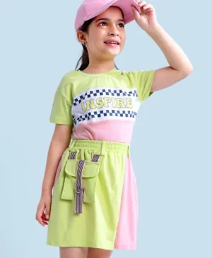 Ollington St. 100% Cotton Sinker Knit Short Sleeves Color Blocked Top & Skirt Set Text Print - Green & Pink