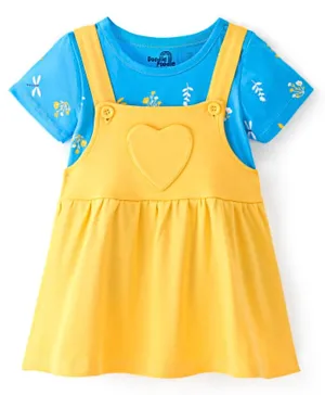 Doodle Poodle 100% Cotton Knit Solid Color Frock with Half Sleeves Inner T-Shirt Floral Print -Yellow