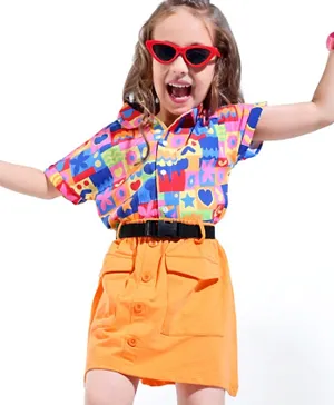 Ollington St. 100% Cotton Half Sleeves Shirt & Skirt With Front Pockets Heart & Floral Print - Multicolor & Orange