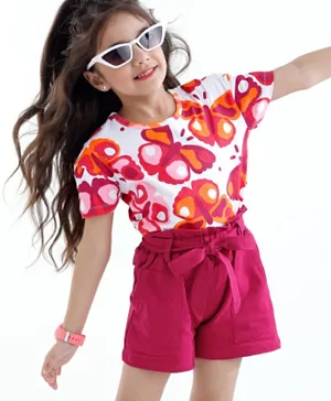Ollington St. 100% Cotton Butterfly Print Top & Paperbag Shorts with Self Fabric Belt - White & Maroon