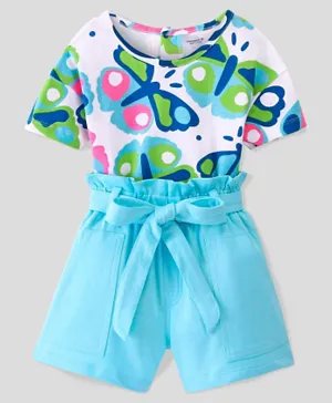 Ollington St. 100% Cotton Half Sleeves Butterfly Print Top & Paperbag Shorts Set with Self Fabric Belt - White & Blue