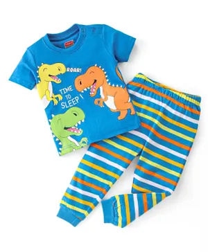 Babyhug Cotton Knit Half Sleeves Night Suit Dino Print & Stripes - Blue