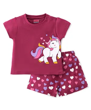 Babyhug Cotton Knit Half Sleeves Night Suit With Unicorn Print - Pink