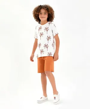 Primo Gino 100% Cotton Knit Half Sleeves T-Shirt & Shorts Set Palm Tree Print - White & Brown