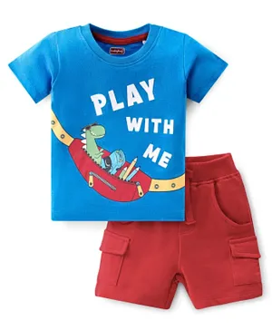 Babyhug 100% Cotton Knit Half Sleeves T-Shirt & Shorts Dino Print - Blue & Red