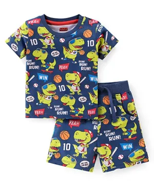 Babyhug 100% Cotton Knit Single Jersey Half Sleeves T-Shirt & Shorts/Co-ord Set Dino Print - Navy Blue