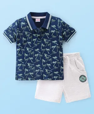 Babyhug 100% Cotton Knit Single Jersey Half Sleeves T-Shirt & Shorts Tropical Print - Navy Blue