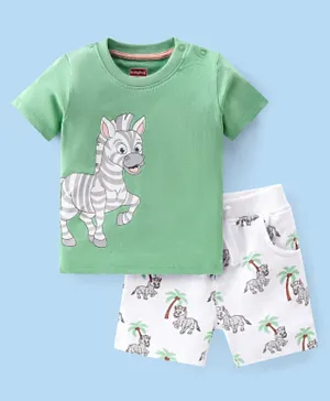 Babyhug 100% Cotton Knit Half Sleeves T-Shirt & Shorts Zebra Print - Green & White