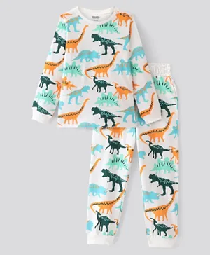 Primo Gino 100% Cotton Knit All Over Dinosaurs Print Full Sleeves Pyjama Set - White