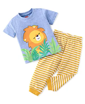 Babyhug Cotton Knit Half Sleeves Night Suit With Lion Print - Blue & Orange