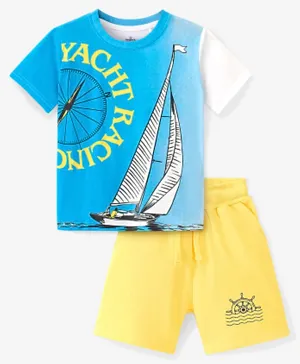 Ollington St. 100% Cotton Knit Half Sleeves T-Shirt & Shorts Set Text Printed - Blue & Yellow