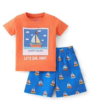 Babyhug Cotton Single Jersey Knit Half Sleeves Night Suit Boat Print - Orange & Blue