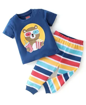 Babyhug Single Jersey Cotton Knit Half Sleeves Night Suit Bear Print - Multicolour