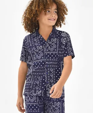 Primo Gino 100% Viscose Half Sleeves Kolka Print Resort Fit Collar Shirt -Navy Blue