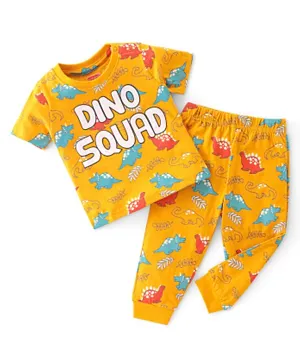 Babyhug Cotton Single Jersey Knit Half Sleeves Night Suit Dino Print - Yellow