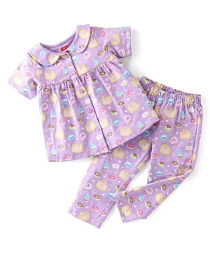 Babyhug Cotton Knit Single Jersey Half Sleeves Night Suit With Birthday Party Theme Print - Purple