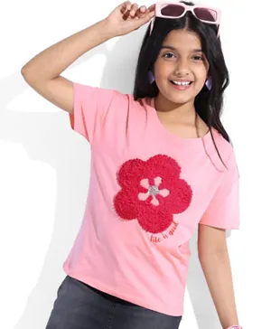 Pine Kids 100% Cotton Half Sleeves T-Shirt With Floral Applique & Sequin Detailing - Pink