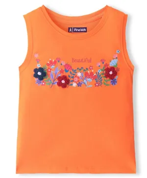 Pine Kids Cotton Knit Sleeveless T-Shirt Floral Print - Paradise Orange