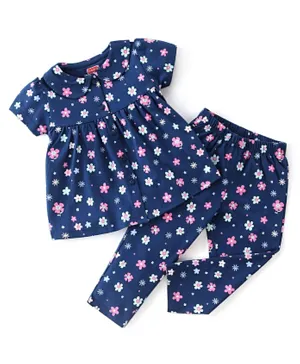Babyhug Single Jersey Knit Half Sleeves Floral Print Night Suit - Blue
