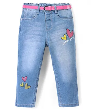 Babyhug Full Length Denim Jeans With Stretch Heart Print - Blue