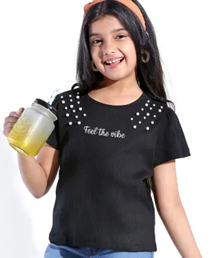 Pine Kids Cotton Knit Half Sleeves Textured T-Shirt with Pearl & Text Detailing - Jet Black