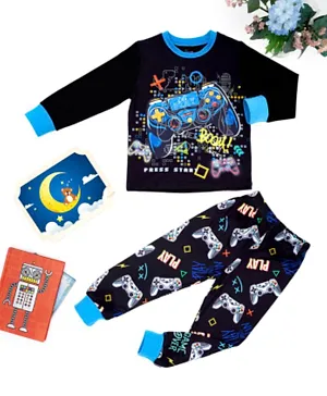 Babyqlo Cotton Stretch Gaming Glow-in-the-Dark Full Sleeves Graphic T-Shirt & All Over Printed Pyjama Set - Black & Blue