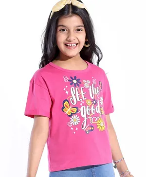 Pine Kids Cotton Knit Half Sleeves T-Shirt Floral Print - Fuchsia Fedora