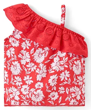 Babyhug 100% Rayon Sleeveless Woven Top With Schiffli & Lace Detailing Floral Print - Red