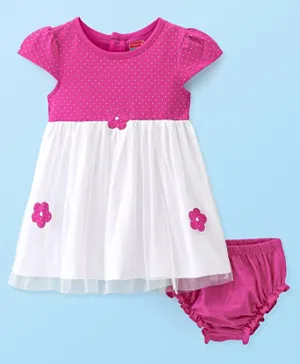 Babyhug Cotton Jersey & Mesh Half Sleeves Frock with Bloomer Floral Print & Embroidery - Pink & White