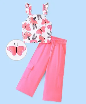 Ollington St. 100% Cotton Sinker Knit Sleeveless Top & Cargo Track Pant Set With Flower Print - Multicolor