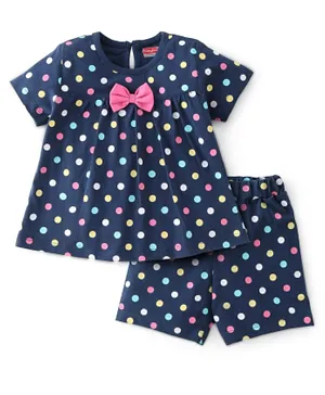 Babyhug Single Jersey Cotton Knit Half Sleeves Night Suit Polka Dot Print with Bow Applique - Navy Blue