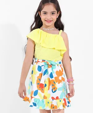 Ollington St. 100% Cotton One Shoulder Top & Floral Printed Flared Skirt with Self Fabric Belt - Yellow & Multicolor