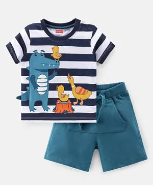 Babyhug 100% Cotton Single Jersey Knit Half Sleeves T-Shirt & Shorts Set Stripes & Croc Print - Blue