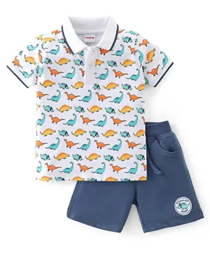 Babyhug 100% Cotton Single Jersey Knit Half Sleeves Polo T-Shirt & Shorts Dino Print - Multicolor & Blue
