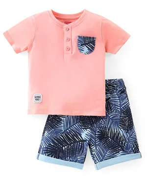 Babyhug 100% Cotton Single Jersey Knit Half Sleeves T-Shirt & Shorts Tropical Print - Pink & Blue