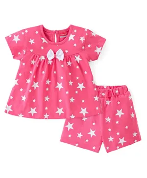 Babyhug Cotton Knit Half Sleeves Night Suit Stars Printed & Bow Applique - Pink