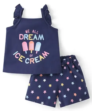 Babyhug Cotton Single Jersey Knit Frill Sleeves Night Suit Star & Ice Cream Print- Navy Blue