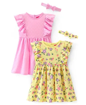 Babyhug Cotton Jersey Knit Frill Sleeves Frock with Headbands & Polka Dot & Floral Print Pack of 2 - Pink & Yellow
