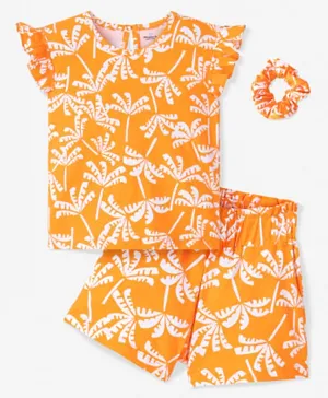 Ollington St. 100% Cotton Co-Ord Set Of Ruffle Sleeves Top & Shorts With Tropical Print - Orange