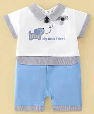 ToffyHouse Cotton Half Sleeves Romper Puppy Embroidery - Blue & White