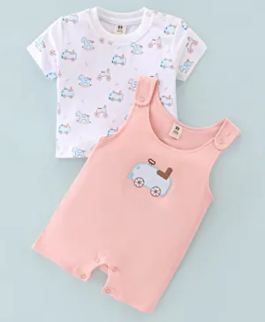 ToffyHouse Cotton Dungaree Style Romper with Half Sleeves Inner Tee Cars & Rockers Print - Pink & White