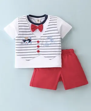 ToffyHouse Cotton Half Sleeves Striped & Embroidered T-Shirt & Shorts Set with Bow Tie - Red & White