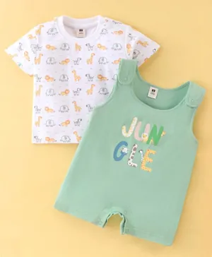 ToffyHouse Dungaree & Half Sleeves T-Shirt With Text & Animals Print - Pistachio & White