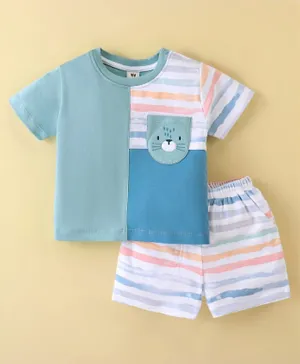 ToffyHouse Half Sleeves Cut  Sew T-Shirt and  Shorts Set With Kitty Embroidery - White  Bondi Blue